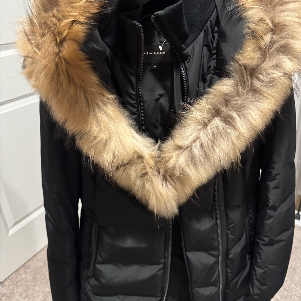 Mackage Black Puffer with Tan Fur Trim